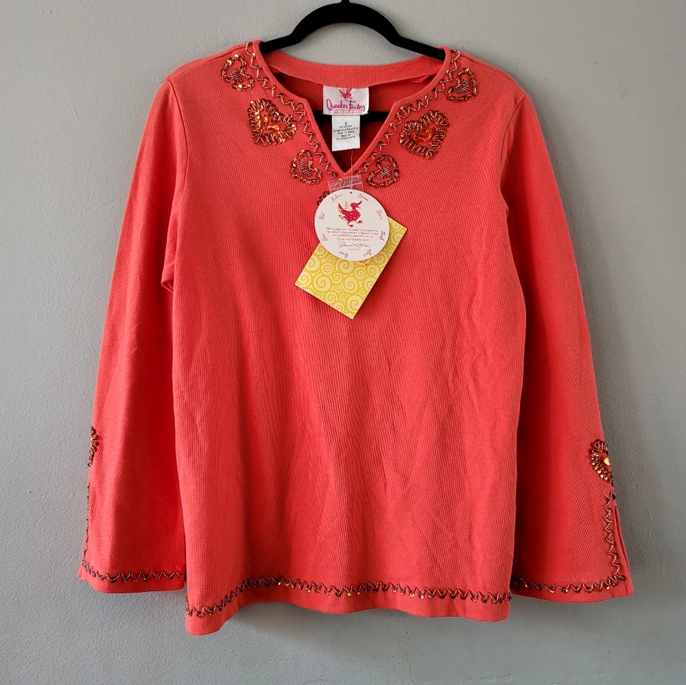 Quacker Factory Top Womens S Heart Embellished Sequin Tunic Peach Blouse Nwt